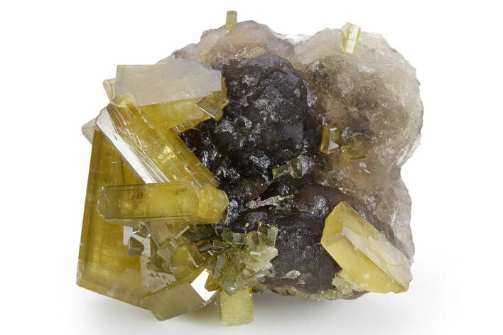 Golden Barite Crystals on Fluorite - Xiefang Mine, China #360506
